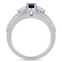 Дамски Каратов син сапфир каратов диамант 14кт Бяло Злато 3-каменен годежен пръстен