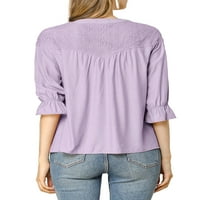 Уникални изгодни жените дантела панел бутон надолу ръкави Плътен цвят блуза риза